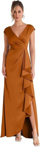 Sleevelesss Ruffle Mother of the Bride Dress for Wedding V Neck Satin Formal Dress in Saudi Arabia