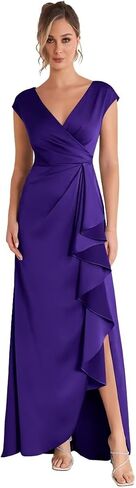 Sleevelesss Ruffle Mother of the Bride Dress for Wedding V Neck Satin Formal Dress in Saudi Arabia