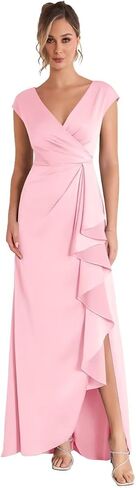 Sleevelesss Ruffle Mother of the Bride Dress for Wedding V Neck Satin Formal Dress in Saudi Arabia