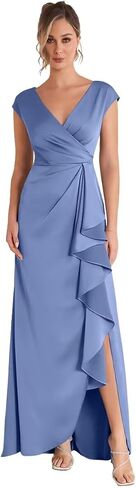 Sleevelesss Ruffle Mother of the Bride Dress for Wedding V Neck Satin Formal Dress in Saudi Arabia
