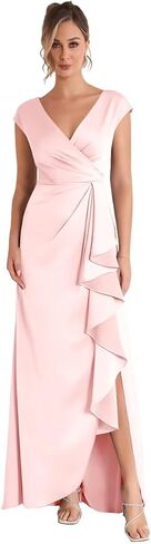 Sleevelesss Ruffle Mother of the Bride Dress for Wedding V Neck Satin Formal Dress in Saudi Arabia