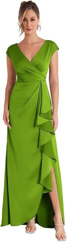 Sleevelesss Ruffle Mother of the Bride Dress for Wedding V Neck Satin Formal Dress in Saudi Arabia