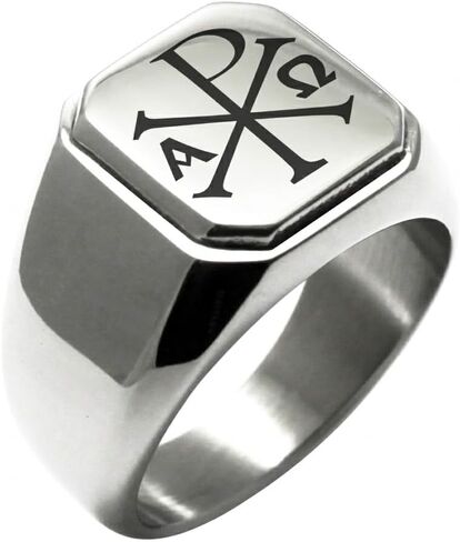 Stainless Steel Chi Rho Alpha Omega Symbol Square Flat Top Biker Style Polished Ring, Size 9.5 in Kuwait