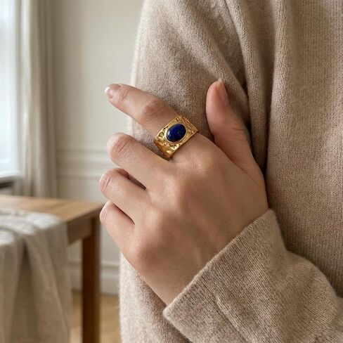Lapis Lazuli Ring, Vintage Gold Stainless Steel Adjustable Rings for Women, Unisex Chunky Statement Jewelry for Men in Saudi Arabia