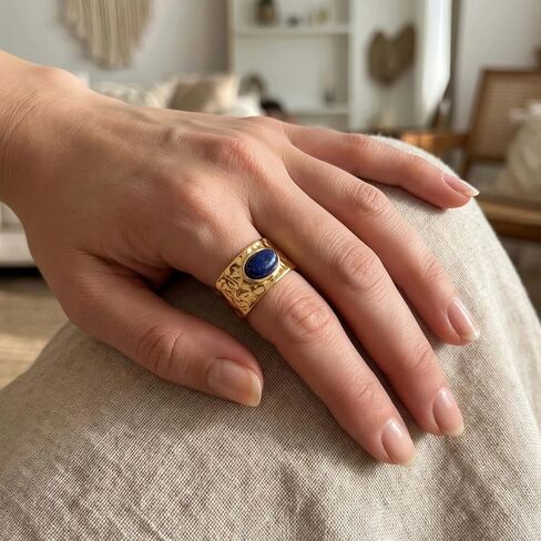 Lapis Lazuli Ring, Vintage Gold Stainless Steel Adjustable Rings for Women, Unisex Chunky Statement Jewelry for Men in Saudi Arabia