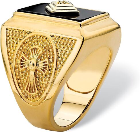 PalmBeach Men's Yellow Gold-plated Emerald Cut Natural Black Onyx and Diamond Accent Cross Ring Sizes 8-13 in Kuwait