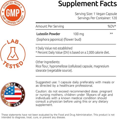 Luteolin Supplement 100mg, Flavonoids Supplements for Brain Health Support, Non-GMO, Gluten Free,Made in USA, 120 Vegan Capsules in Saudi Arabia