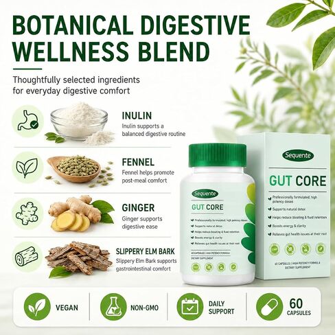 GutCore Advanced Digestive Comfort Capsules | Vegan, Non-GMO Daily Digestive Support with Inulin, Fennel, Ginger & Slippery Elm – 60 Capsules in Kuwait