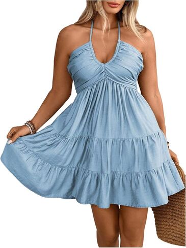 OYOANGLE Women's Plus Size Sleeveless Short Tiered Halter Dress Ruched Tie Back A Line Sundress in Saudi Arabia