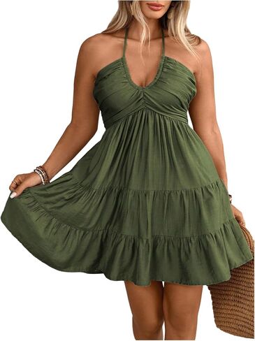OYOANGLE Women's Plus Size Sleeveless Short Tiered Halter Dress Ruched Tie Back A Line Sundress in Saudi Arabia