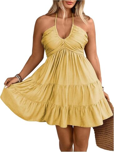 OYOANGLE Women's Plus Size Sleeveless Short Tiered Halter Dress Ruched Tie Back A Line Sundress in Saudi Arabia