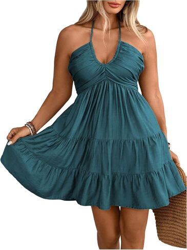 OYOANGLE Women's Plus Size Sleeveless Short Tiered Halter Dress Ruched Tie Back A Line Sundress in Saudi Arabia