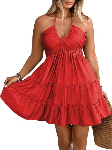 OYOANGLE Women's Plus Size Sleeveless Short Tiered Halter Dress Ruched Tie Back A Line Sundress in Saudi Arabia
