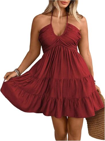 OYOANGLE Women's Plus Size Sleeveless Short Tiered Halter Dress Ruched Tie Back A Line Sundress in Saudi Arabia