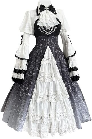 Vintage Lolita Dress for Women Gothic Black White Court Gown Halloween Cosplay Costume for Fancy Evening Party in Saudi Arabia