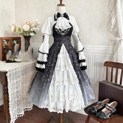 Vintage Lolita Dress for Women Gothic Black White Court Gown Halloween Cosplay Costume for Fancy Evening Party in Saudi Arabia