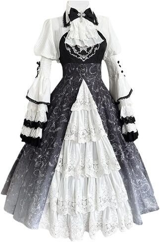 Vintage Lolita Dress for Women Gothic Black White Court Gown Halloween Cosplay Costume for Fancy Evening Party in Saudi Arabia