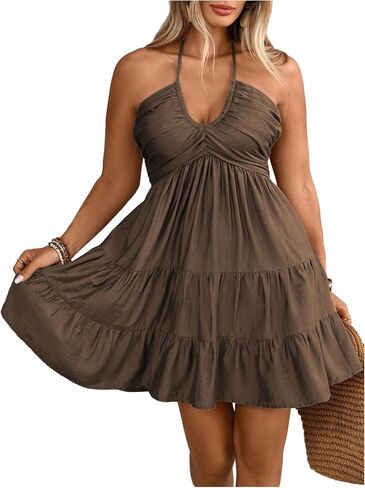 OYOANGLE Women's Plus Size Sleeveless Short Tiered Halter Dress Ruched Tie Back A Line Sundress in Saudi Arabia