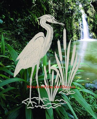 Egret & Cattails Left Oval Etched Window Decal Vinyl Glass Cling - 8" x 12" - Clear with White Design Elements in Saudi Arabia