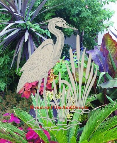 Egret & Cattails Left Oval Etched Window Decal Vinyl Glass Cling - 8" x 12" - Clear with White Design Elements in Saudi Arabia