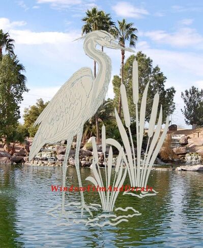 Egret & Cattails Left Oval Etched Window Decal Vinyl Glass Cling - 8" x 12" - Clear with White Design Elements in Saudi Arabia