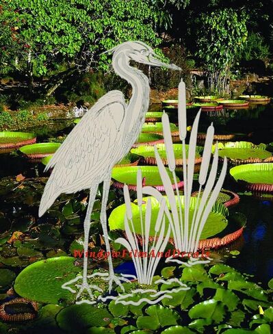Egret & Cattails Left Oval Etched Window Decal Vinyl Glass Cling - 8" x 12" - Clear with White Design Elements in Saudi Arabia