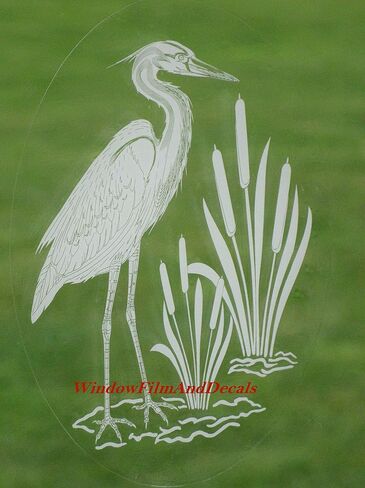 Egret & Cattails Left Oval Etched Window Decal Vinyl Glass Cling - 8" x 12" - Clear with White Design Elements in Saudi Arabia
