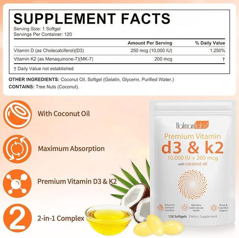 2 Bag Vitamin D3 K2 Supplement Softgel, Vitamin D3 K2 Softgel with 10000 IU Supports Immune, Heart, Teeth & Bone Health, Free of GMO, Gluten, Soy in Saudi Arabia