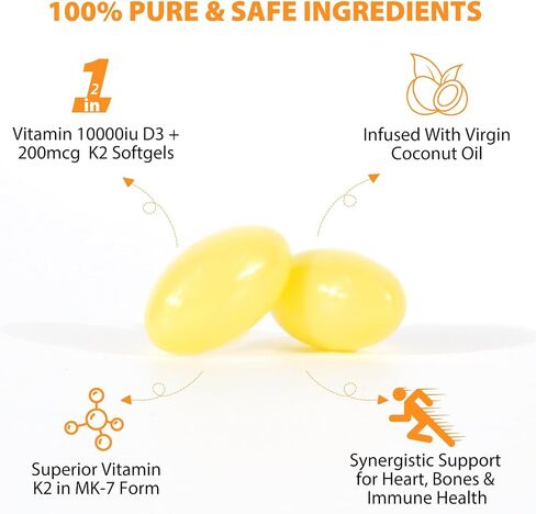2 Bag Vitamin D3 K2 Supplement Softgel, Vitamin D3 K2 Softgel with 10000 IU Supports Immune, Heart, Teeth & Bone Health, Free of GMO, Gluten, Soy in Saudi Arabia