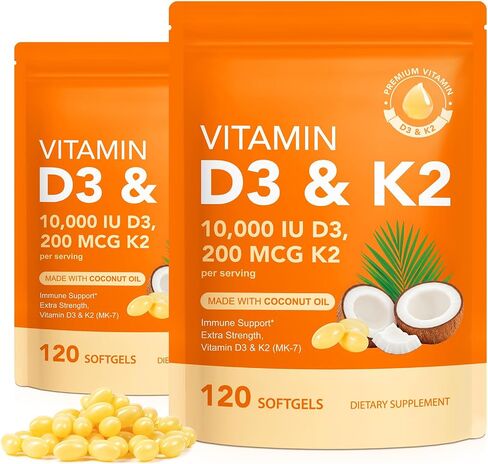 2 Bag Vitamin D3 K2 Supplement Softgel, Vitamin D3 K2 Softgel with 10000 IU Supports Immune, Heart, Teeth & Bone Health, Free of GMO, Gluten, Soy in Saudi Arabia