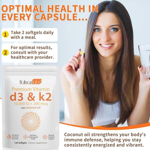 2 Bag Vitamin D3 K2 Supplement Softgel, Vitamin D3 K2 Softgel with 10000 IU Supports Immune, Heart, Teeth & Bone Health, Free of GMO, Gluten, Soy in Saudi Arabia