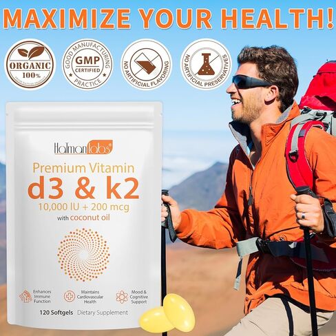 2 Bag Vitamin D3 K2 Supplement Softgel, Vitamin D3 K2 Softgel with 10000 IU Supports Immune, Heart, Teeth & Bone Health, Free of GMO, Gluten, Soy in Saudi Arabia