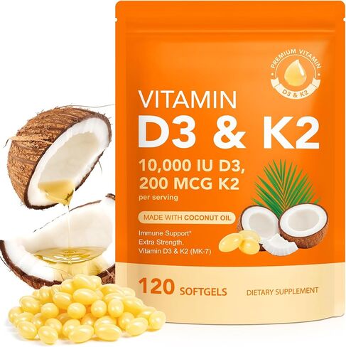 2 Bag Vitamin D3 K2 Supplement Softgel, Vitamin D3 K2 Softgel with 10000 IU Supports Immune, Heart, Teeth & Bone Health, Free of GMO, Gluten, Soy in Saudi Arabia