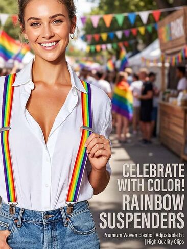 TWINKLEDE Rainbow Suspenders Pride إكسسوارات أزياء ملونة للنساء | حمالات مرنة بألوان قوس قزح، تناسب معظم البالغين، إكسسوار موكب مهرجان الفخر المشرق، حمالات الحفلات in Kuwait
