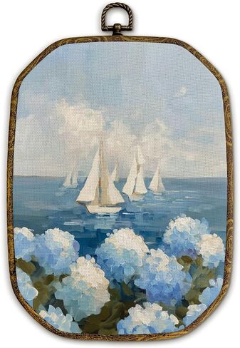 Yjeslw Coastal Beach Sailboat Hydrangea Octagon Wall Art Decor, Nautical Sailboat Beachy Framed Canvas Prints, Coastal Wall Hanging Decorations for Home Bedroom Living Room Decor, 10.2x7 Inches in Saudi Arabia
