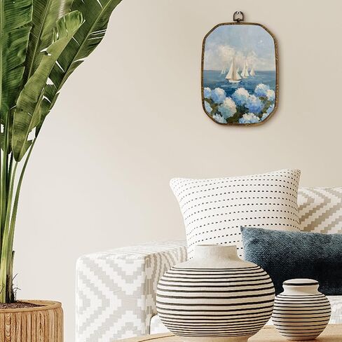 Yjeslw Coastal Beach Sailboat Hydrangea Octagon Wall Art Decor, Nautical Sailboat Beachy Framed Canvas Prints, Coastal Wall Hanging Decorations for Home Bedroom Living Room Decor, 10.2x7 Inches in Saudi Arabia