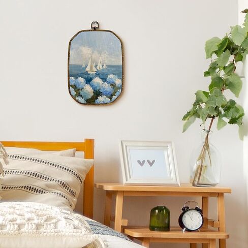 Yjeslw Coastal Beach Sailboat Hydrangea Octagon Wall Art Decor, Nautical Sailboat Beachy Framed Canvas Prints, Coastal Wall Hanging Decorations for Home Bedroom Living Room Decor, 10.2x7 Inches in Saudi Arabia