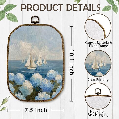 Yjeslw Coastal Beach Sailboat Hydrangea Octagon Wall Art Decor, Nautical Sailboat Beachy Framed Canvas Prints, Coastal Wall Hanging Decorations for Home Bedroom Living Room Decor, 10.2x7 Inches in Saudi Arabia
