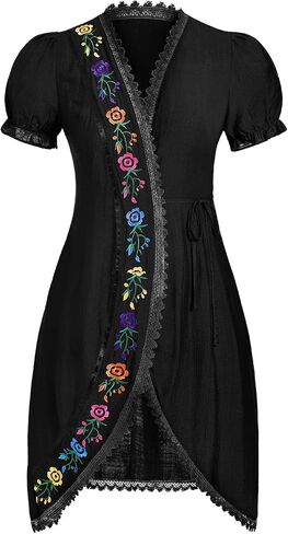 ABEHIK Mexican Embroidered Dress for Women Traditional Short Sleeve V Neck Tie Side Fiesta Wrap Dresses Cinco de Mayo Outfit in Saudi Arabia