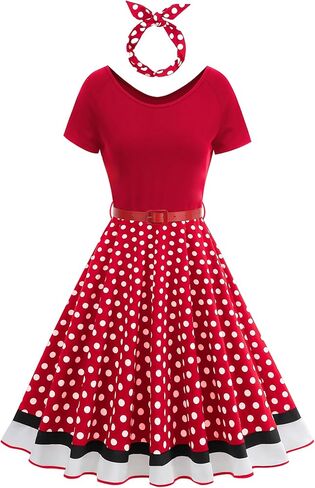 Women's 1950s Retro Vintage Cocktail Party Swing Dresses Polka Dot Audrey Skirt with Belt and Headband Halloween Costume in Kuwait
