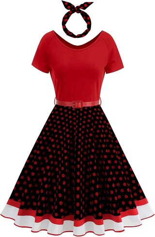 Women's 1950s Retro Vintage Cocktail Party Swing Dresses Polka Dot Audrey Skirt with Belt and Headband Halloween Costume in Kuwait