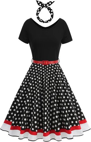 Women's 1950s Retro Vintage Cocktail Party Swing Dresses Polka Dot Audrey Skirt with Belt and Headband Halloween Costume in Kuwait