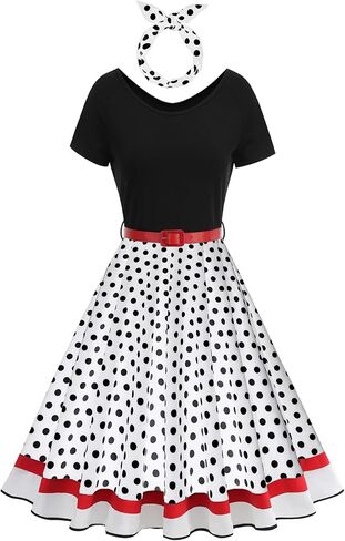Women's 1950s Retro Vintage Cocktail Party Swing Dresses Polka Dot Audrey Skirt with Belt and Headband Halloween Costume in Kuwait