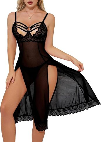 Sexy Split Mesh Sheer Lingerie Set Lace Floral Cut Out Neck Chemise Babydoll Outfit Dress 2 Piece Nightwear in Saudi Arabia