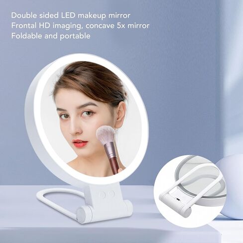 مرآة مكياج مضاءة من Fockety، مرآة مكبرة مزدوجة الجوانب 1X 5X، مرآة زينة LED مع مقبض قابل للطي، تحكم باللمس، مرآة مكياج للسفر قابلة لإعادة الشحن وقابلة للتعتيم بدون خطوات in Kuwait