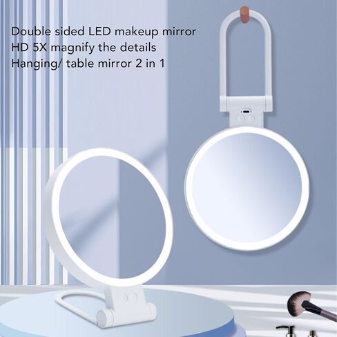 مرآة مكياج مضاءة من Fockety، مرآة مكبرة مزدوجة الجوانب 1X 5X، مرآة زينة LED مع مقبض قابل للطي، تحكم باللمس، مرآة مكياج للسفر قابلة لإعادة الشحن وقابلة للتعتيم بدون خطوات in Kuwait