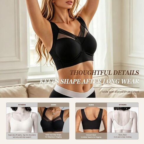 Wireless Bras for Women, Support Lift Seamless Bra V Neck Mesh Bralette, Wide Anti-Slip Straps Comfortable T-Shirt Bra in Kuwait