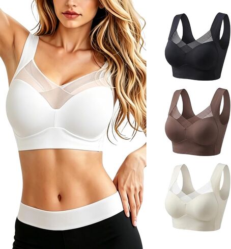 Wireless Bras for Women, Support Lift Seamless Bra V Neck Mesh Bralette, Wide Anti-Slip Straps Comfortable T-Shirt Bra in Kuwait