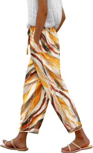 YESNO Casual Pants for Women Summer Floral Boho Lightweight Drawstring Elastic High Waist Pants with Pockets PHT in Kuwait