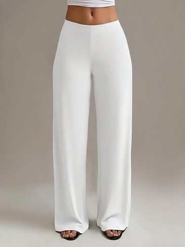 Womens High Waisted Wide Leg Pants White Flowy Palazzo Pants Casual Loose Trousers for Summer Daily in Kuwait